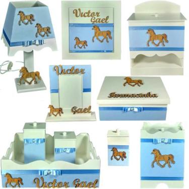 Imagem de Kit de Higiene bebê Mdf 10 peças - Cavalo Azul bb menino - Flores para