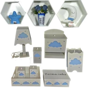 Imagem de Kit Higiene bebê mdf 8 pçs + 3 Nichos Brancos - NUVEM MENINO (Pronta E