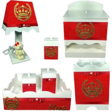 Imagem de Kit Higiene bebê Mdf menina 7 pçs - VERMELHO COM BOLINHAS DE COROA - F