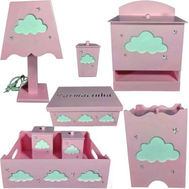 Imagem de kit higiene bebe mdf decorado 8pçs - NUVEM ROSA BB - Flores para Maria