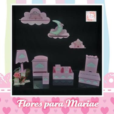 Imagem de Kit Higiene Bebe Mdf Nuvem Rosa + 3 Nichos Nuvem Rosa - Flores para Ma