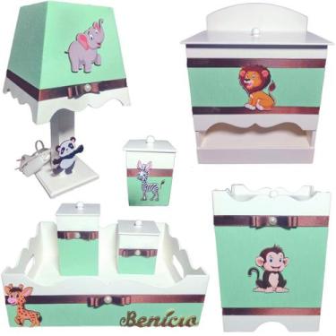 Imagem de Kit Higiene bebê Mdf menino 7 pçs - SAFARI VERDE CLARO - Flores para M