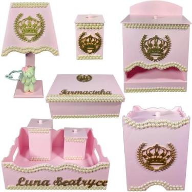 Imagem de Kit Higiene bebê Mdf 8 peças Rosa Com Pérolas de Coroa - Flores para M