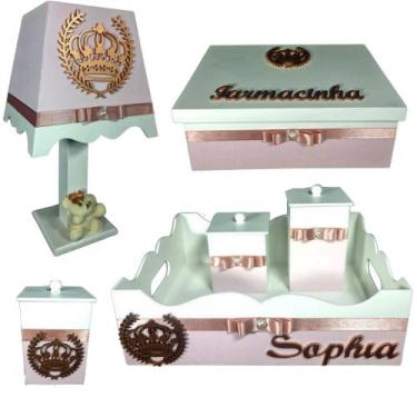 Imagem de Kit de Higiene de bebê madeira Mdf menina 6 pçs - ROSÊ DE COROA - Flor