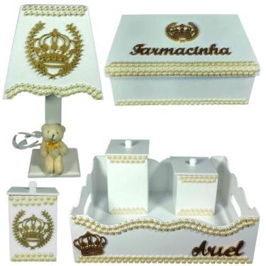 Imagem de Kit de Higiene de bebê madeira Mdf unissex 6 pçs - BRANCO COM PÉROLAS 