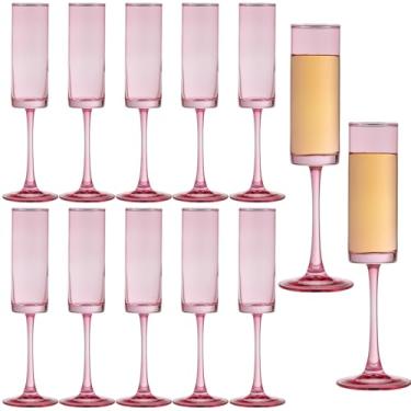 Imagem de Rkyhwowby 12 peças de taças de champanhe de vidro de cristal moderno rosa, 12 taças de vinho, 156 g, conjunto de 12 taças de champanhe sopradas à mão para copos de coquetel de casamento, Cava