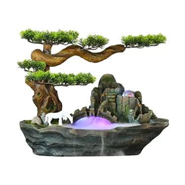 Imagem de Fonte de mesa estilo chinês fonte de mesa fonte de mesa resina Rockery fonte de cachoeira árvore falsa recurso de água em vaso criativo relaxamento interno fonte de mesa para escritório casa mesa