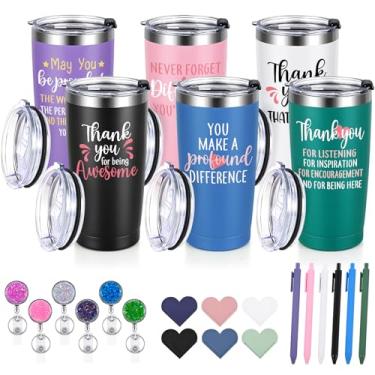 Imagem de Qtencas 24 peças de presentes de assistente social, presentes de agradecimento de assistente social, copos de aço inoxidável multicoloridos de 590 ml com porta-crachás canetas, mês de trabalho social,