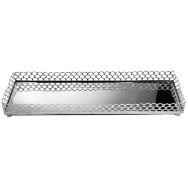 Imagem de Bandeja Luxo Retangular Metal Vidro Espelho Luxo Prata 28x9