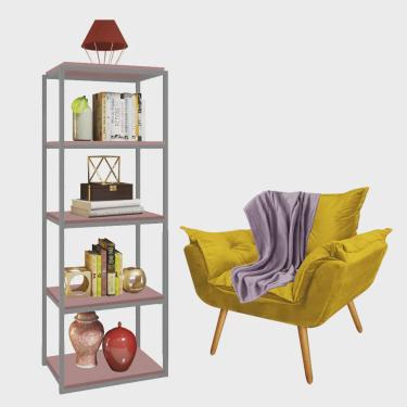 Imagem de Kit Poltrona Fatte com Manta Soft Lilás e Estante Livreiro Ferro Cinza mdf Rose Suede Amarelo - Ahz Móveis