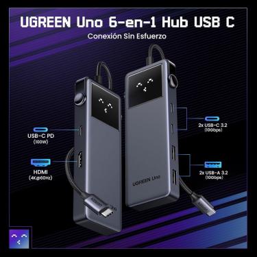 Imagem de Ugreen Uno 10 Gbps ( 6 em 1 ) USB A 3.2 Adaptador Hub USB C hdmi 4K 60Hz Tipo C pd 100W com indicador LED compatível MacBook iPad Pro Air iPhone 16 15