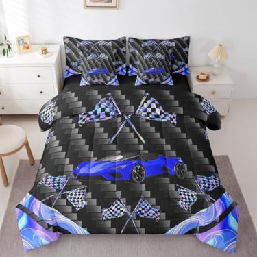 Imagem de Feelyou Conjunto de cama solteiro de carro de corrida azul, 7 peças, para esportes radicais, para crianças, adolescentes, adultos, velozes e furiosos, conjunto de cama com bandeira deslumbrante