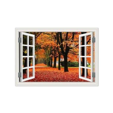 Imagem de Vista da Janela Paisagem Pintura em Tela-Árvore floresta outono-Impressão Lona Arte Parede Natural-Decoração Sala Estar 50x70cm Sem Moldura