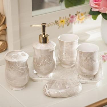 Imagem de Conjunto De Acessórios Para Banheiro, Estilo Europeu De Cerâmica Conjunto De 5 Peças: Dispensador De Sabão, Porta-escova De Dentes, Saboneteira, Copo De Enxágue, Bandeja, D