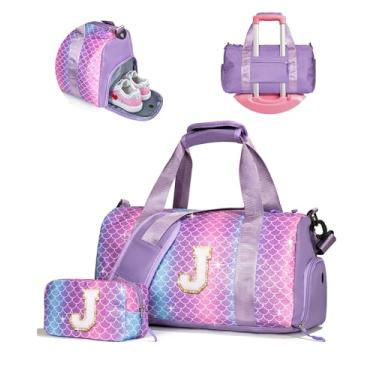 Imagem de Vogewood Presente para filhas, meninas, meninas, bolsa de ginástica com compartimento para sapatos, bolsas de fim de semana personalizadas para crianças, bolsa de viagem inicial com bolsa de maquiagem