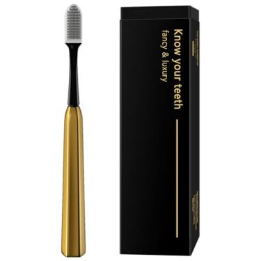 Imagem de Z-VAPRESS Escova de dentes de cerâmica dourada de luxo, banhada a ouro, com 2 cabeças de substituição gratuitas com cerdas brancas de silicone macio