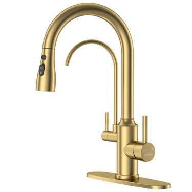 Imagem de DAYONE Torneira de cozinha dourada com filtro de água 3 furos, torneira de pia de cozinha de 3 vias com água potável, torneira de pia 3 em 1 com torneira de água purficada, arco alto e 2 alças, ouro