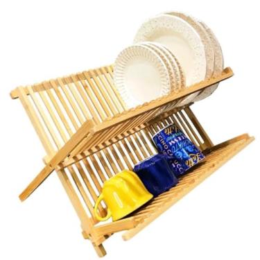 Imagem de Escorredor de Pratos Dobrável em Bambu, Suporte de Pratos de Madeira Feito de Bambu, Escorredor de Louças, 14 Divisórias