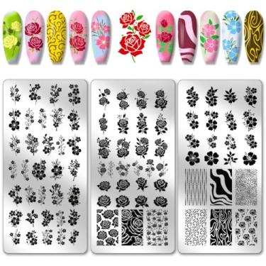 Imagem de PH PandaHall 3 peças padrão de ramos de flores, placa de carimbo de unha, padrão rosa, estêncil, placa de imagem de unha de aço inoxidável, estampa de flores, modelo de arte para mulheres, impressão