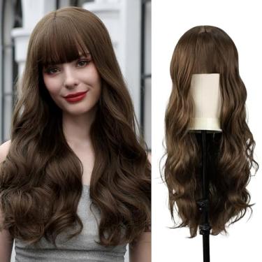 Imagem de Qingchuang Peruca Longa Ondulada Castanha Para Mulheres, 24" Cacheada Com Franja, Cabelo Sintético Resistente Ao Calor, Aparência Natural, Comprimento Ajustável, Perucas Cosplay De Natal, Halloween,