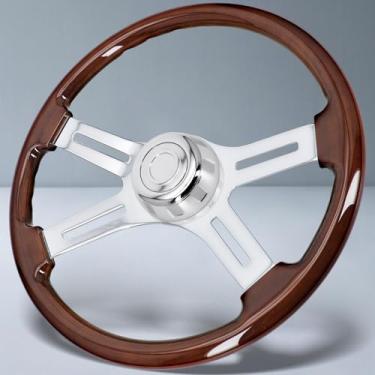 Imagem de SORGHUM Volante 18" De Madeira Maciça - 4 Raios, Alumínio Cromado, Clássico Com Botão Buzina Para Semirreboques, Caminhões, Compatível Mack, Kenworth, Peterbilt, Volvo Freightliner