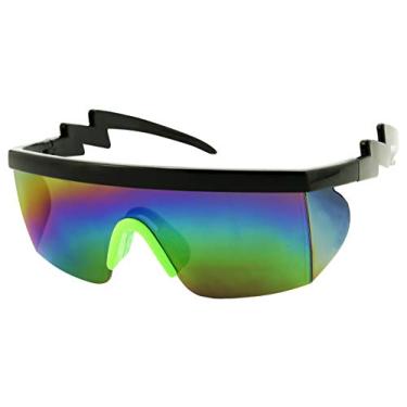 Imagem de ShadyVEU Óculos de sol arco-íris neon semi sem aro com lentes espelhadas proteção UV anos 80 retrô rave Shades torto ziguezague parafuso braço, Armação preta com almofada de nariz verde/lente