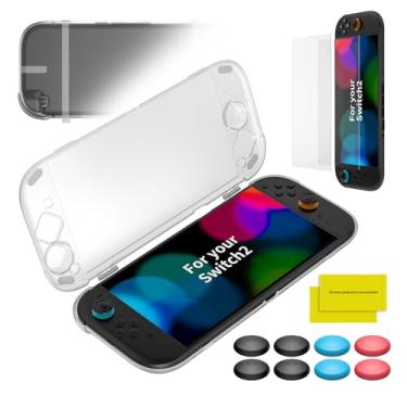 Imagem de Case for Nintendo Switch 2 (2025) PC Clear Hard Case with 2 x 10H Hardness Tempered Film and 8 Silicone Protective Caps Compatible with Switch 2 Ultra Slim Design Lightweight - Clear
