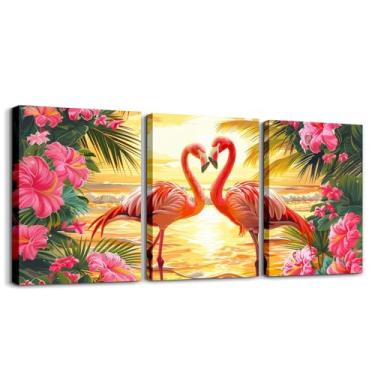 Imagem de Manfei Arte de parede em tela flamingo, verão, mar, praia, decoração de parede, impressões, arte de casa para sala de estar, quarto, folha de palmeira tropical, pôsteres de pintura de parede
