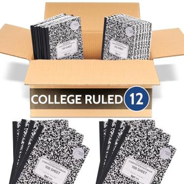 Imagem de EPI Cadernos de redação pautada universitária, 100 folhas (200 páginas), pacote com 12, cadernos de mármore preto de capa dura