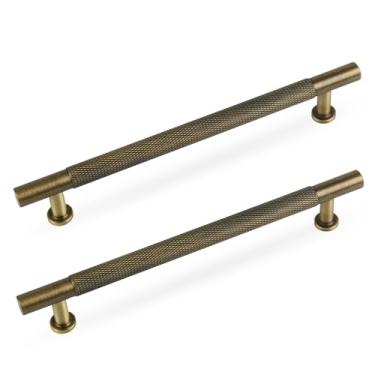 Imagem de Urnew Puxador de armário retrô de latão maciço, orifício central de 16 cm, conjunto de 5 unidades de alça serrilhada, gavetas, armários, penteadeiras, banheiro, ferragens domésticas