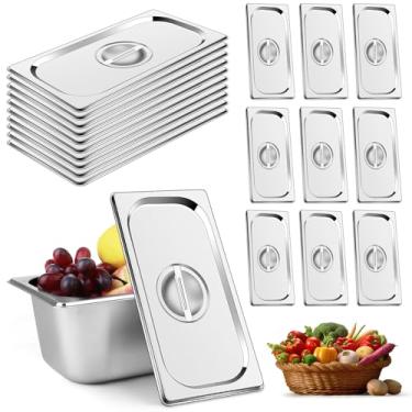 Imagem de Pacote com 10 capas de panela a vapor tamanho 1/3 tampa universal de aço inoxidável com alça de restaurante comercial hotel capa de panela 16,9 x 12,8 polegadas para alimentos, frutas, legumes