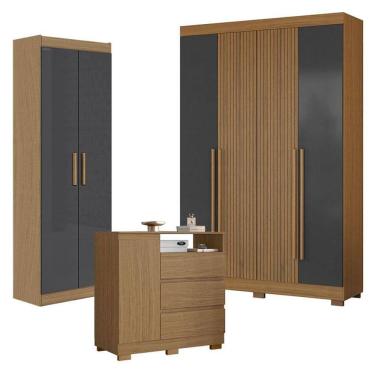 Imagem de Guarda Roupa Casal 2030240 com Armário Multiuso 2000191 Atacama Grafite e Cômoda 2014143 Atacama - Aramóveis