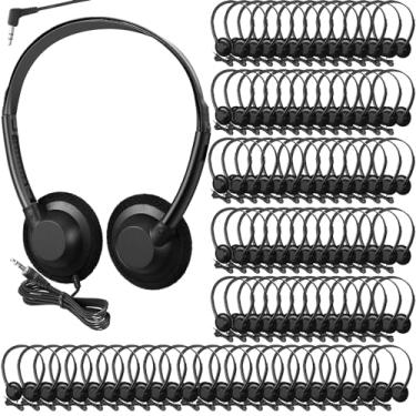 Imagem de Flutesan 100 fones de ouvido escolares para sala de aula, fones de ouvido em massa com plugue de 3,5 mm, ajustável, descartável para crianças, adultos, estudantes, ruído, estéreo, biblioteca de som
