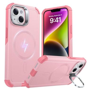 Imagem de Capa ESR série Cyber para iPhone 13 e iPhone 14 com suporte, proteção de nível militar contra quedas de 7 metros, capa magnética resistente, compatível com acessórios MagSafe, rosa