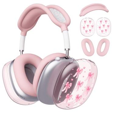 Imagem de BlHMCASE Capa de fone de ouvido para AirPods Max, capa de fone de ouvido transparente com laço fofo, capa de silicone rosa para Apple AirPods Max