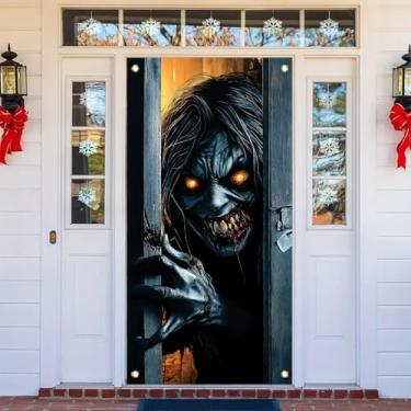 Imagem de Starlit Patio Capa de porta de Halloween 188 x 89 cm faixa assustadora zumbi espiando banner monstro assustador cortina de porta da frente decoração de terror casa assombrada adereço de porta