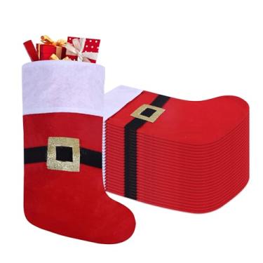 Imagem de Tokforty Pacote com 24 meias de Natal de feltro com fivela, enfeites de Natal vermelhos e brancos de 48 cm, punho branco com fivela, meia de Natal para decorações de Natal em família