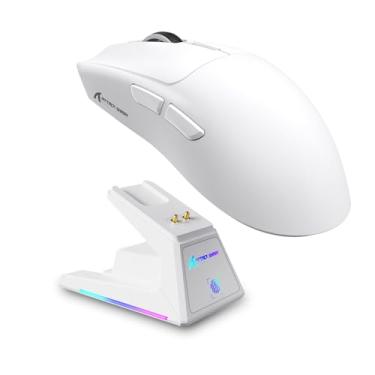 Imagem de Mouse gamer sem fio superleve ATTACK SHARK X1 com dock de carregamento magnético RGB, mouse gamer BT/2.4G/USB-C, sensor PAW3395PRO, 40.000 DPI, mouse de escritório para PC, Windows e Mac - Branco