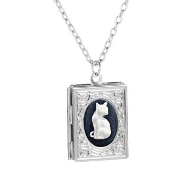 Imagem de OIDIMS Colar exclusivo de medalhão de gato para mulheres e homens em forma de livro medalhão de foto segurar foto colar com pingente de flores gravadas lembrança memorial clavícula joia memorial para