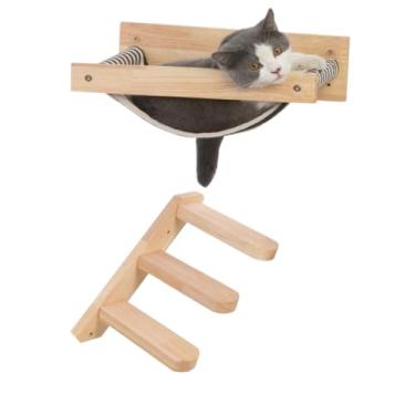 Imagem de Cama rede suspensa para gatos com escada de madeira natural