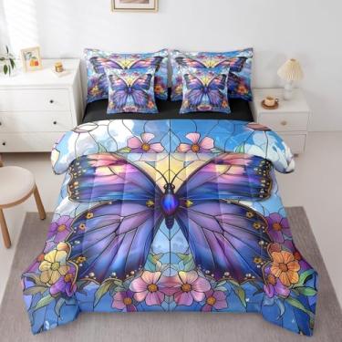 Imagem de Conjunto de cama casal de borboleta, aquarela primavera, margaridas, jardim, vitral geométrico, azul e roxo, 7 peças (edredom + lençol de cima + fronha + fronha)
