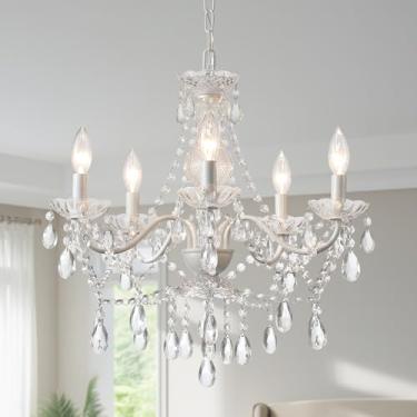Imagem de AMZASA Lustre branco de cristal, luminária suspensa branca de cerâmica, pingente de cristais e prato de vidro, 5 lustres de cristal de luz para medalhões de teto, casamento, jantar, cozinha, hall de