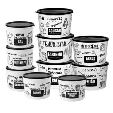 Imagem de Conjunto 10 Potes Mantimentos Plástico Com Tampa Decorado Black White 