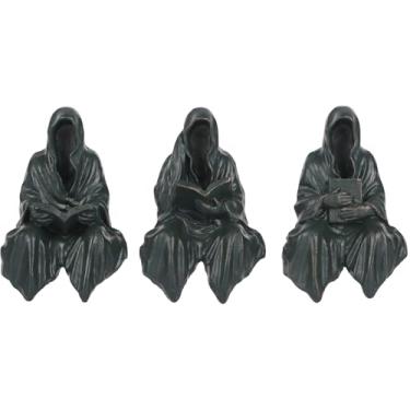 Imagem de Conjunto de 3 peças com leitor sentado no Grim Reaper Roupado, decoração de casa verde, escultura gótica Grim Reaper, adequada para divisórias de escritório, estantes de livros, mesas, mesas de café e