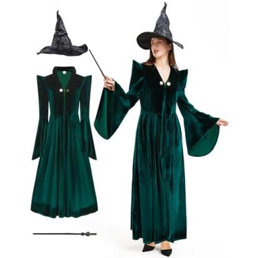 Imagem de Takuvan Fantasia de bruxa de professor para adultos, vestido de veludo, verde escuro, feiticeiro, plus size, fantasia para cosplay de Halloween, Verde, 3G
