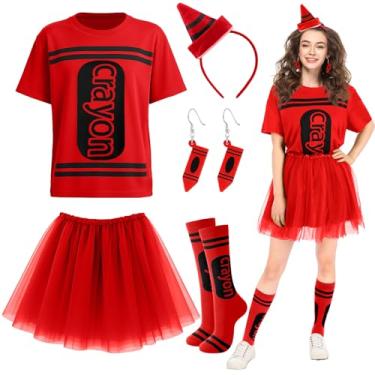 Imagem de Newcotte Conjunto de 7 peças de fantasia de giz de cera de Halloween com camiseta de giz de cera, saia tutu, meias até a coxa, brinco de madeira, Vermelho, Tamanho Único
