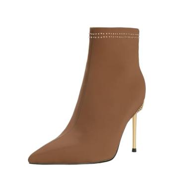 Imagem de Husmeu Botas femininas de couro, modernas, elegantes, salto alto, bico fino, cano baixo, com rebite lateral e zíper stiletto, Marrom, 9.5 Narrow