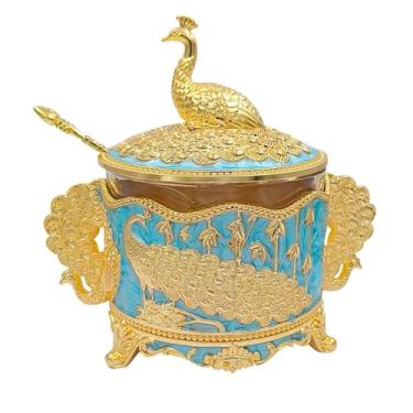 Imagem de Hourwof Recipiente decorativo de açúcar com tampa e colher, açucareiro de metal e vidro de 200 ml para café, cozinha, decoração de casa, armazenamento de cozinha para sal e especiarias, presente de