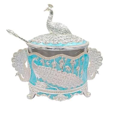 Imagem de Hourwof Recipiente decorativo de açúcar com tampa e colher, açucareiro de metal e vidro de 200 ml para café, cozinha, decoração de casa, armazenamento de cozinha para sal e especiarias, presente de