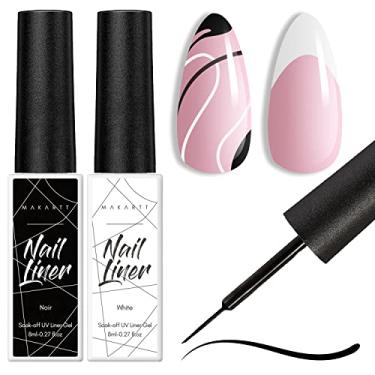 Imagem de Makartt Conjunto de delineador de esmalte de gel 8 ml, 2 cores, branco e preto, para arte francesa, pontas francesas, espirais, manicure faça você mesmo, absorva a cura UV com pincel fino